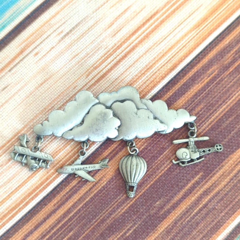 VTG Pewter J.J Jonette Rain Cloud Rhinestone Brooch Pin Flying Gift for Pilots